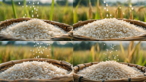 特写稻穗，水滴不断地滴在稻穗上，背景是户外稻田，完美背景模糊