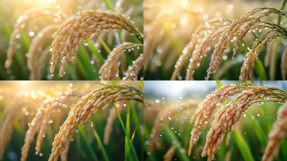 特写稻穗，水滴不断地滴在稻穗上，背景是户外稻田，完美背景模糊