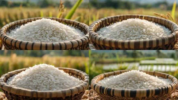 特写筛子里的白色大米，背景是户外稻田，完美背景模糊