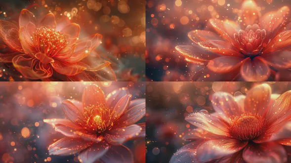 唯美粒子花朵花蕊大特写梦幻背景，红色主色调，虚化背景，花瓣半透明像丝绸一般的质感，花瓣向四周延伸与背景融合为一体柔和过渡，金色点缀，色彩过渡平和，光影绚丽，花瓣上金色流光飘动向四周延展，大师级构图，21:9比例