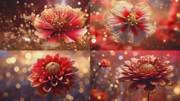 唯美粒子花朵花蕊大特写梦幻背景，红色主色调，虚化背景，花瓣半透明像丝绸一般的质感，花瓣向四周延伸与背景融合为一体柔和过渡，金色点缀，色彩过渡平和，光影绚丽，花瓣上金色流光飘动向四周延展，大师级构图，21:9比例