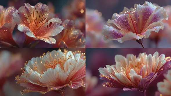 唯美粒子花朵花蕊大特写梦幻背景，红色主色调，虚化背景，花瓣半透明像丝绸一般的质感，花瓣向四周延伸与背景融合为一体柔和过渡，金色点缀，色彩过渡平和，光影绚丽，花瓣上金色流光飘动向四周延展，大师级构图，21:9比例