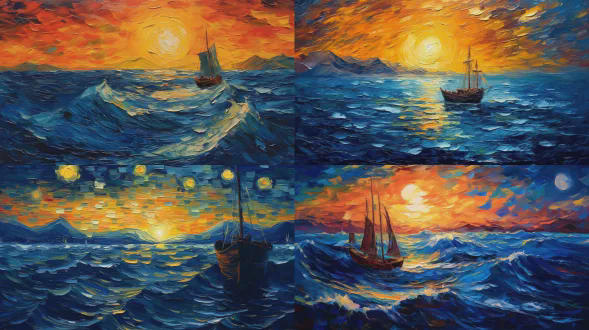 van gogh style ocean sky image, bright colors, heavy brushstrokes, starry background, rich details, wood grain texture, night atmosphere, warm tones, high mood, and contrast of light and shadow.