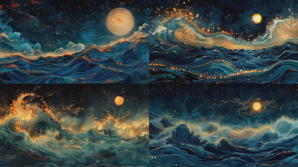olor curve, dots,victo ngai, van gogh, super hd, fine detail, shimizu, a beaded necklace floating in the sea, light and shadow, blue,vincent,van gogh, chinese wind, sky glow, stars fall into a dream, ultra high definition, fine details,