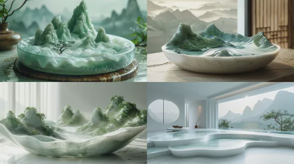 干净背景，大面积留白，沙质中式圆盘，宋代工笔山水画风格，cinema4d渲染，有机流动形式，浅绿白色调，地中海景观，波浪形树脂片材，柔和光线，低饱和度，静谧氛围，气势磅礴。