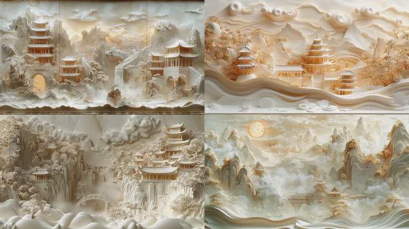 on the desk, there is an open scroll exquisitely carved with figures and streets from the northern and southern dynasties period, with a slight three-dimensional effect, creating long ripples. the canvas is like silk, very soft and translucent, . at one end of each canvas, there is a blank space filled with calligraphy. paper quilling art, miniature landscapeutilizing light and shadow，hd details，minute details，clear presentation，complex scenes，fine model，embossed，surrealdreamland，whimsically，hyper quality，high detail，hyperrealism，3d rendering，global illumination，low angle shot，texture light，rim lighting，close up，focal point composition，bioluminrscent，ancient chinese style，emissive material . it has a beige color scheme, lightbox, paper material, c4d,pearlescent texture， light background color,excellent image quality, ethereal illustrations,exquisite and a traditional chinese animation style