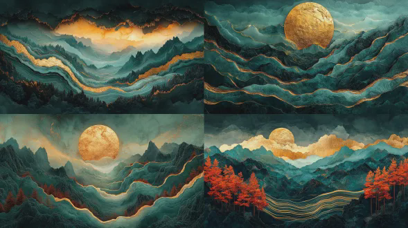 滑的玉石做的山水，墨绿色的山脉，鎏金山脊，金色条纹，红色的树木，金色的河流，鎏金河水条纹，细节清晰，质感，层次感，富有光泽，手机壁纸，