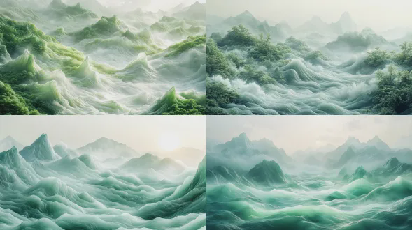 干净背景，大面积留白，宋代工笔山水画风格，cinema4d渲染，有机流动形式，浅绿白色调，地中海景观，波浪形树脂片材，柔和光线，低饱和度，静谧氛围，气势磅礴,桌面壁纸。