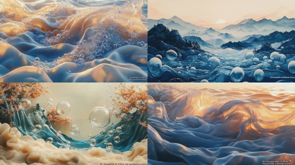 超现实主义风格，淡彩层染。水墨。水底一条透明绸缎，展现立体微缩景观的《千里江山图》，阳光照在绸缎上，有水泡升起，梦幻唯美意境，丁达尔效应，逆光，散射光，渐变，三维古风，极简构图，光影交错，色彩层次渐变，电影级质感,桌面壁纸。