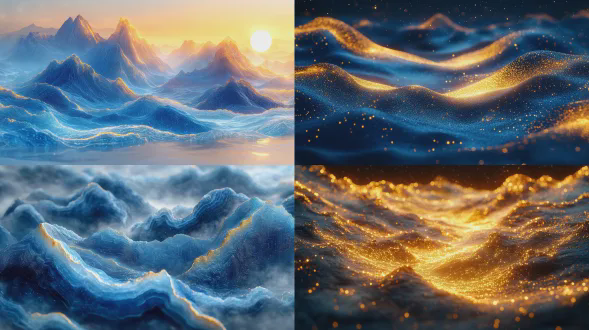 蓝金山水，细节丰富，广角镜头，流体摄影，传统风格，壮丽景色，电路板效果，发光，中国风，千山万水，3d插图，蓝金配色，壮丽，雄伟，丰富色彩。