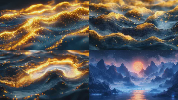 蓝金山水，细节丰富，广角镜头，流体摄影，传统风格，壮丽景色，电路板效果，发光，中国风，千山万水，3d插图，蓝金配色，壮丽，雄伟，丰富色彩。