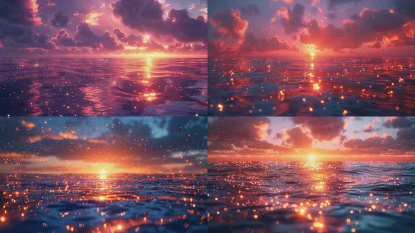 夜晚海水，蓝粉荧光覆盖，精灵光，星辰，日斑，荧光海洋，金色颗粒在水中闪耀，迈克尔·詹姆斯·史密斯风格哑光画，倒影，cg渲染，体积光，生物发光，虚幻引擎5，光之魔法，虚幻引擎渲染，超广角，高清。