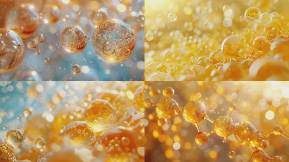 molecular cellular organization, filled with light yellow liquid, floating in a light yellow essence, surrounded by air bubbles, creating a soft interplay of light and shadow, with distinct texture details and fine color, studio lighting, high resolution, overall composition symmetrically balanced, evoking a sense of luxury, suitable for skincare design, product photography style, with distinct texture details and fine color.