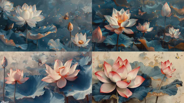请绘制一幅梦幻唯美的荷花图：画面主体是姿态各异的九层荷花，花瓣薄如蝉翼，纹理清晰可见金色的丝线脉络。花瓣呈现通透的金色透明质感，花蕊则是由发光的金色颗粒组成，流淌着细腻的鎏光。旁边衬以淡绿色半透明的荷叶，叶脉若隐若现。画面中再加入一颗饱满的莲蓬和一只翩翩起舞的淡彩半透明蝴蝶作为点缀。 背景改为淡淡的、晕染开的水墨效果，营造出朦胧唯美的氛围，仿佛墨色在纸上自然氤氲。整个画面充满通透的肌理感，光线柔和地缠绕在花朵与荷叶之间。 ，墨色浓淡相宜，与水墨背景和谐相融。 整体色彩保持高饱和度，突出荷花与荷叶的通透亮丽，同时通过水墨背景的淡雅进行平衡。最终效果需融合平面渲染的精致与水墨艺术的意境，展现“处暑”时节荷花的清丽脱俗与梦幻光影