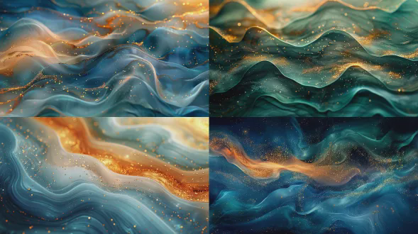抽象艺术作品，珠光感， 轻描淡写，色彩和纹理的融合，梦幻的，特写。 数字艺术，色彩和纹理的细腻表现。 情感轻盈、梦幻、浪漫。 柔和的蓝色、绿色和金色，闪烁的星光效果。 细小的闪光点，金粉漂浮，柔和的曲线和条纹，色彩之间的流动。抽象表现主义艺术家，如杰克逊·波洛克。无特定构图，强调色彩的交织和纹理的分布。高分辨率，适合作为背景图或装饰图。