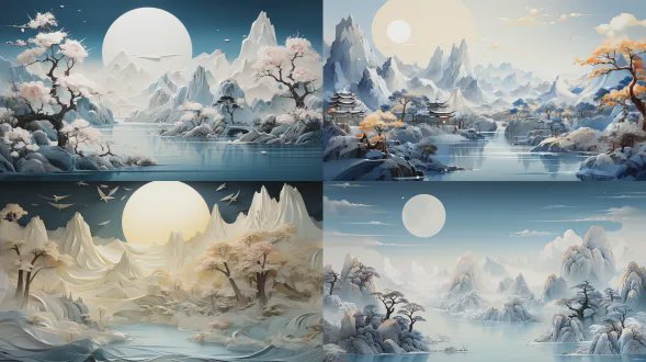 超现实主义风格，淡彩层染。水墨。水底一条透明绸缎，展现立体微缩景观的《千里江山图》，阳光照在绸缎上，有水泡升起，梦幻唯美意境，丁达尔效应，逆光，散射光，渐变，三维古风，极简构图，光影交错，色彩层次渐变，电影级质感。比例 16:9。