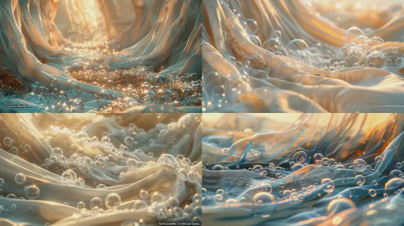 超现实主义风格，淡彩层染。水墨。水底一条透明绸缎，展现立体微缩景观的《千里江山图》，阳光照在绸缎上，有水泡升起，梦幻唯美意境，丁达尔效应，逆光，散射光，渐变，三维古风，极简构图，光影交错，色彩层次渐变，电影级质感。比例 16:9。