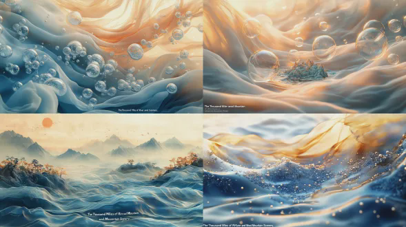 超现实主义风格，淡彩层染。水墨。水底一条透明绸缎，展现立体微缩景观的《千里江山图》，阳光照在绸缎上，有水泡升起，梦幻唯美意境，丁达尔效应，逆光，散射光，渐变，三维古风，极简构图，光影交错，色彩层次渐变，电影级质感。比例 16:9。