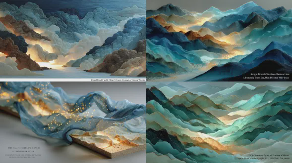 超现实主义风格，淡彩层染。水墨。水底一条透明绸缎，展现立体微缩景观的《千里江山图》，阳光照在绸缎上，有水泡升起，梦幻唯美意境，丁达尔效应，逆光，散射光，渐变，三维古风，极简构图，光影交错，色彩层次渐变，电影级质感。比例 16:9。