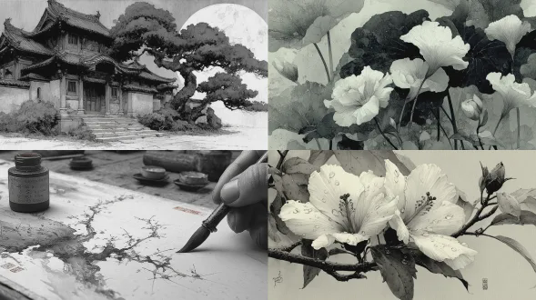 黑白水墨侵染背景，细节丰富，脉络清晰，东方韵味