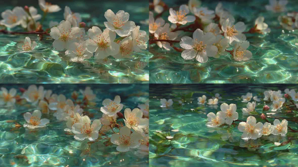 呈现通透的深绿色与浅蓝绿色渐变，水纹是细密的涟漪（以白色小花为中心向外扩散，波纹线条流畅且有明暗层次），水面带有柔和的反光质感，能隐约看到水下的淡绿色植物轮廓； - 花卉：数十朵白色五瓣小花（黄色花蕊，花瓣边缘略带透明感），疏密分布在水面上，每朵花都对应一圈涟漪，部分花朵被波纹轻微“拉伸”，呈现自然的动态感。 光影：明亮的散射光，光线透过水面形成柔和的明暗过渡，涟漪的凸起处有浅淡高光，凹陷处有暗调阴影，色彩以不同层次的绿色（深绿、翠绿、浅黄绿）为主，搭配白色花朵的纯净感，整体色调通透柔和，氛围是静谧、治愈的自然水景感