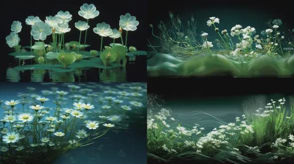 呈现通透的深绿色与浅蓝绿色渐变，水纹是细密的涟漪（以白色小花为中心向外扩散，波纹线条流畅且有明暗层次），水面带有柔和的反光质感，能隐约看到水下的淡绿色植物轮廓； - 花卉：数十朵白色五瓣小花（黄色花蕊，花瓣边缘略带透明感），疏密分布在水面上，每朵花都对应一圈涟漪，部分花朵被波纹轻微“拉伸”，呈现自然的动态感。 光影：明亮的散射光，光线透过水面形成柔和的明暗过渡，涟漪的凸起处有浅淡高光，凹陷处有暗调阴影，色彩以不同层次的绿色（深绿、翠绿、浅黄绿）为主，搭配白色花朵的纯净感，整体色调通透柔和，氛围是静谧、治愈的自然水景感