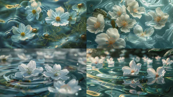 呈现通透的深绿色与浅蓝绿色渐变，水纹是细密的涟漪（以白色小花为中心向外扩散，波纹线条流畅且有明暗层次），水面带有柔和的反光质感，能隐约看到水下的淡绿色植物轮廓； - 花卉：数十朵白色五瓣小花（黄色花蕊，花瓣边缘略带透明感），疏密分布在水面上，每朵花都对应一圈涟漪，部分花朵被波纹轻微“拉伸”，呈现自然的动态感。 光影：明亮的散射光，光线透过水面形成柔和的明暗过渡，涟漪的凸起处有浅淡高光，凹陷处有暗调阴影，色彩以不同层次的绿色（深绿、翠绿、浅黄绿）为主，搭配白色花朵的纯净感，整体色调通透柔和，氛围是静谧、治愈的自然水景感