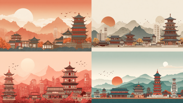 一幅中国温州地标的国潮插画。画中有宝塔和古式建筑等中国传统建筑奇观，还有现代摩天大楼。还有连绵的山峦、落日和飞鸟，通过暖色调，装饰性的线条和扁平化的表现形式将传统建筑的韵味展现地域文化特色，简约