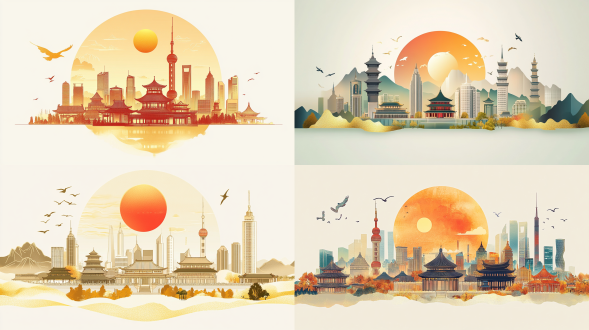 一幅中国温州地标的国潮插画成环状。画中有宝塔和古式建筑等中国传统建筑奇观，还有现代摩天大楼。此外，还有连绵的山峦、落日和飞鸟，整体采用鎏金插画，成环状，如上传图中间是空的，四周满版，简约