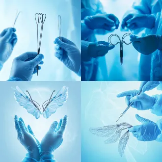 医师节医疗商业海报，三戴蓝无菌手套的手持手术器械，黑缆线缠绕成抽象翼型，柔蓝渐变磨砂背景带圣光散景，极简蓝无衬线文字，柔光侧打，超清治愈，高级医院品牌感，无杂物，9:16，v6.0，raw风格