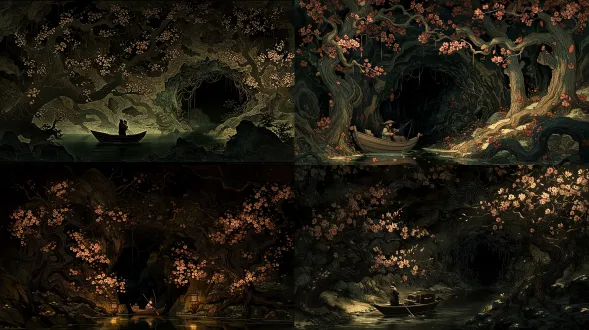 traditional chinese shadow puppetry style, a fisherman on a small wooden boat by a stream, dark mysterious peach blossom trees with glowing red marks on bark, ancient cave entrance blocked by twisted vines and dark rocks, cinematic dark folklore lighting, translucent leather texture, intricate cutout patterns, 4k resolution. - 旁白与字幕：