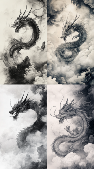 传统中国水墨画风格，生肖龙盘旋于云雾中，霸气威严，淡雅水墨色彩，留白构图，动态笔触，飘逸龙身，细腻鳞片，远景层次感，宣纸质感，东方美学，淡墨渲染，龙目炯炯，祥云环绕，典雅意境