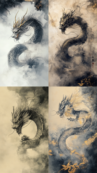 传统中国水墨画风格，龙盘旋于云雾之上，霸气威严，淡金色鳞片闪耀，细腻笔触，留白意境，动态张力，柔焦效果，虚实结合，泼墨技法，冷色调背景，深邃目光，神话氛围，神圣感，高对比度，东方美学，飘逸龙须，蜿蜒身姿，威严神态