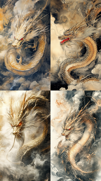 "传统中国彩色水墨画风格，龙近景，霸气威严，淡金色彩，细腻笔触，云雾缭绕，动态盘旋，鳞片细节清晰，红眼炯炯有神，水墨晕染背景，高对比度，侧逆光，暖色调，威严震撼，传统艺术与现代融合。"