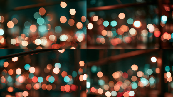 bokeh effect, completely out of focus night scene, soft round blurred light orbs in warm peach orange, mint cyan, cream white, pale red and warm brown hues, partial overlapping of different size light spots, diagonal vague blurred metal bar silhouette in upper background, extremely shallow depth of field, no sharp clear details, muted hazy low contrast color palette, dark soft ambient atmosphere, shot with 85mm f/1.4 prime lens