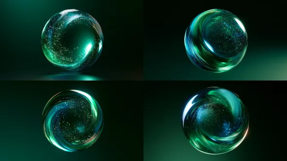 abstract 3d twisted transparent glass orb, swirling gradient of cyan, emerald green and sky blue, countless glowing glittering micro star particles floating inside the sphere, sharp bright specular highlight on glass surface, light refraction and dispersion effect, dark gradient background fades from deep emerald green to jet black, centered composition, octane rendering, photorealistic, 8k ultra high definition, cinematic lighting, minimal dark atmosphere, no text, no watermark