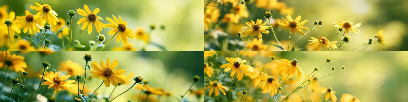 bright yellow slender-petal coneflowers, small unopened green flower buds on thin tender stems, gentle warm summer morning sunlight, ultra shallow depth of field, soft dreamy bokeh background in gradient lime green and pale yellow, large empty negative space on the right side, fresh serene botanical atmosphere, panoramic wide header banner, shot with 85mm f/1.4 prime lens, soft natural light penetration, low contrast, soft bright pastel color palette