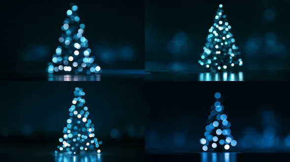 abstract minimalist christmas tree constructed from soft glowing cyan blue and white round bokeh lights, deep dark navy blue almost black background, shallow depth of field, 85mm f/1.4 lens bokeh effect, subtle faint reflection on dark glossy floor, faint radial motion blur on background elements, moody quiet christmas atmosphere, no extra redundant details, cinematic low lighting