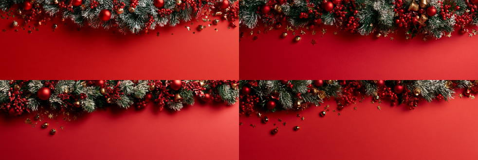 top-down flat lay photography, christmas decorative banner, smooth solid bright red background, the top of the picture is decorated with half wreath of green and white frosted pine branches, adorned with red christmas ornaments, small golden bells, red holly berry clusters, mini golden star sequins, tiny gold baubles, a small number of decorations fall on the red background below the top wreath, large blank negative space reserved at the bottom of the picture, soft studio lighting, soft subtle shadows, clean festive aesthetic, high definition commercial still life shot, 8k ultra detailed