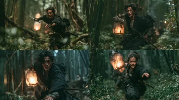 东方青年侠客夜竹林踏竹叶奔，单举孔明灯单握长剑，黑衣束腰，面带快活笑意，中低角度仰拍，55mm中景镜头，真实肌肤发丝衣料纹理，低饱和低对比，纪实电影质感，侧光柔和，冷色调，潇洒豪情，东方武侠韵味