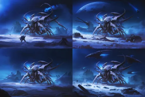 虫族破坏者，全身覆盖白色外骨骼，背部两个远程攻击器官，天牛虫与蝎子混合结构，防御重炮形态，生物电浆炮展开，科幻生物设计，超现实科幻风格，全身构图，高细节原画，冷色调，硬质光，动态张力，坚硬质感，强大压迫感，远程火力支援，科幻战场背景，巨型生物，史诗感，未来战争氛围