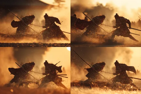 "赵云与马超激烈对决，战场场景，尘土飞扬，动态构图，铠甲细节精致，长枪与长矛交锋，火花四溅，冷色调，高速快门，低角度拍摄，侧逆光，面部坚毅表情，战袍飘动，力量感十足，紧张氛围，历史战场风格"