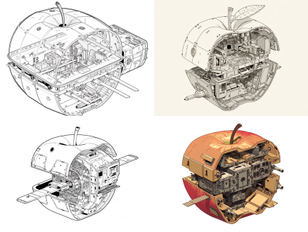a box-shaped ark spaceship in the shape of an apple, visible internal mechanical structure, cartoon style, not too complex, effective, and easy to draw.