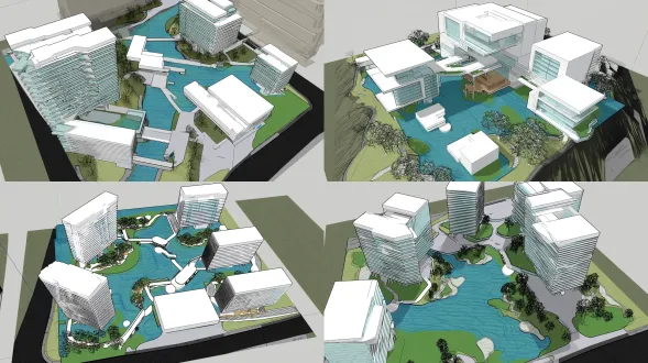 建筑体块模型，居住区设计，场地高差，鸟瞰视角，场地设计发散，水景和自然结合，建筑体块，白模渲染，简洁现代，几何构成，浅色调，微距细节，柔和光影，透明材质，层次分明，自然渗透，流线型路径，开阔视野，轻盈感，低多边形风格，冷色主调，微反差，空间流动，生态融合