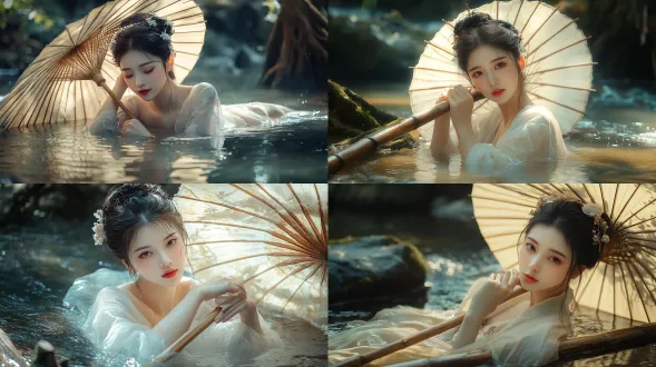 hyperrealistic cinematic shot, young beautiful eastern woman, delicate makeup, bright red lips, soft gentle smile, elegant ancient chinese updo, few stray hairs on face, wearing sheer off-white traditional hanfu, half submerged in clear stream water, lying on weathered bamboo raft, hands resting on bamboo pole, fingers brushing water surface, half open beige oil paper umbrella behind her, golden hour warm back rim lighting, sunlight filtering through forest, sparkling water ripples, background of mossy dark rocks and gnarled old tree roots by the bank, shallow depth of field, natural soft bokeh, chinese traditional ancient movie aesthetic, 8k, shot on arri alexa, film grain, warm gentle color grading