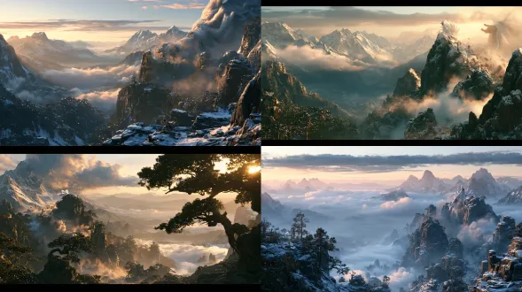 超写实电影级长镜头，16:9宽银幕，远景积雪高山群，流云山谷雾霭，古松柏林光斑，山巅九尾白狐遭天穹道袍巨手拍击，崩石飞尘，白狐嘶吼抗争，近景布衣男主废墟奔跑，惊恐绝望，晨昏漫射柔光，阿莱alexa质感，8k，胶片颗粒，暖金复古色调，中式史诗氛围感