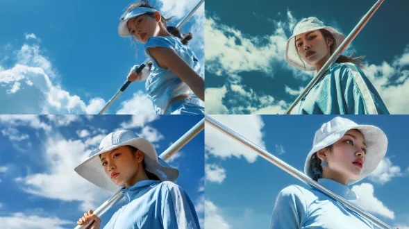 晴朗运动场，蓝天白云，年轻女子东方面孔，浅蓝运动装，白遮阳帽，银白标枪扛肩，准备投掷，正面视角，中景，写实风格，4k画质，电影光影，胶片质感，动态姿势，阳光直射，高饱和度，清晰细节，广角镜头，高速快门，力量感，专注表情，自然光，鲜明对比。