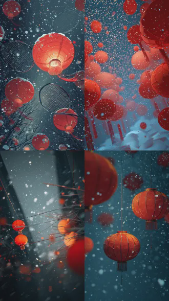 新年海报无文字，照片真实感，科幻中式风格，红色网球灯笼，雪花纷飞，流光溢彩，简洁线条，几何构图，抽象艺术，高分辨率，极简主义，未来感，光影对冲，视觉冲击，暖色调与冷色调对比，广角镜头，侧光，细节丰富，动态模糊，科技感与传统元素融合
