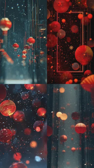新年海报无文字，照片真实感，科幻中式，红色网球灯笼，雪花纷飞，流光溢彩，极简主义，简洁线条，几何构图，抽象艺术，未来感，高分辨率，冷暖色调对冲，暗调背景，霓虹光影，动态模糊，悬浮感，视觉冲击，金属质感，玻璃反射，对称布局，微距细节，粒子效果，虚实结合。