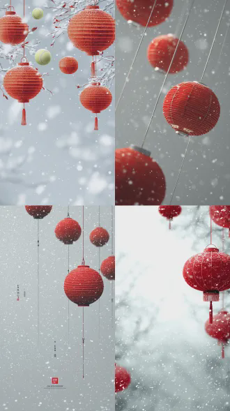 新年海报无文字，照片真实感，白色背景，科幻中式风格，少量网球外形红色灯笼悬挂，雪花轻盈飘落，简洁线条与几何构图，流光溢彩效果，高分辨率，极简主义，抽象艺术，未来感，光影对冲，视觉冲击力强，冷色调与暖色点缀，对称布局，广角镜头，柔和散射光，静态中带动态元素，喜庆与科技融合。